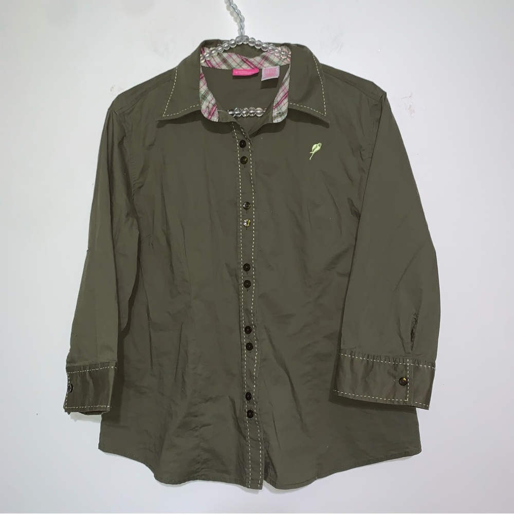 Pappagallo Green Shirt with Pink Plaid Accents Large